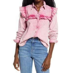 Free People Samantha Pink Acid Wash Ruffle Denim Button Down Top XS